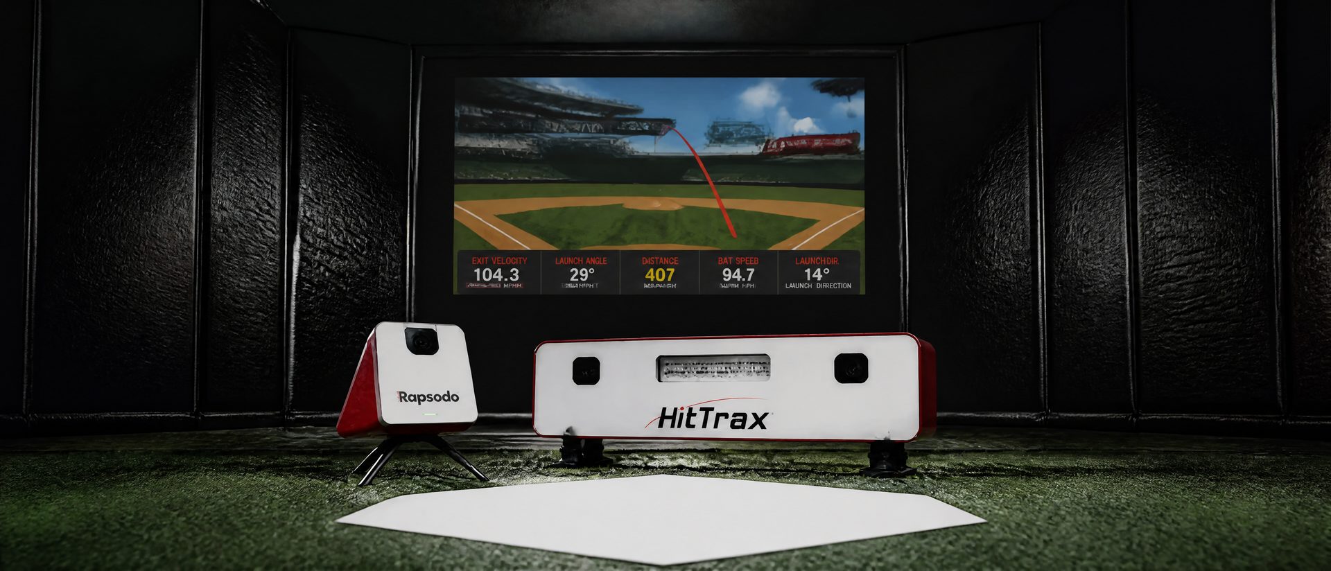 Rapsodo and HitTrax tracking setup with simulator screen